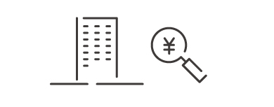 虫眼鏡でマンションを査定する様子。虫眼鏡の中には円マーク
